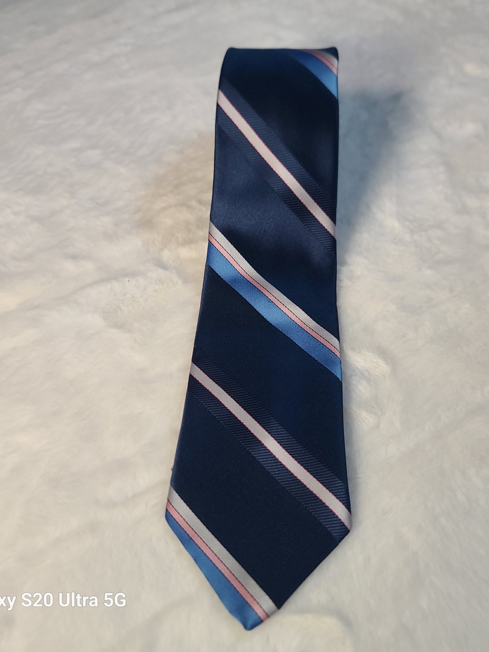 Men's Navy Blue Diagonal Stripe Tie with Pink & Light Blue Accents